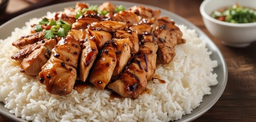 Close-up teriyaki chicken rice bowl, sauce drizzled over steamed rice,  food,  lunch,  culinary