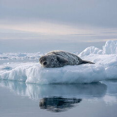 Fototapeta premium Spotted seal resting peacefully on a large ice floe in the calm arctic ocean with water reflections.