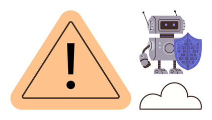 Warning sign with exclamation mark, robot holding shield, and cloud. Ideal for technology, cybersecurity, safety, automation, protection AI risk management. Simple flat metaphor