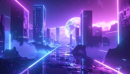 Obraz premium virtual reality landscape with floating digital elements, 