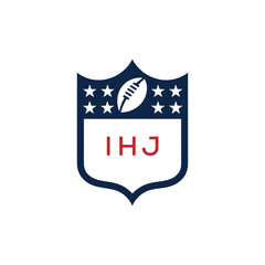 IHJ American Football Logo Design. IHJ Modern Sports Shield Emblem with Stars and Ball for Football Club IHJ Tournament and Team Branding.
