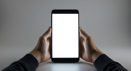 Man holding a modern smartphone with a blank white screen and two hands in a bright studio.