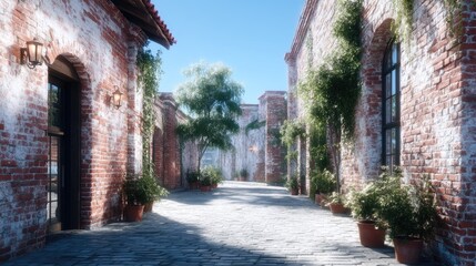 Obraz premium Quaint European Street with Red Brick Buildings and Lush Greenery Under Bright Sunlight