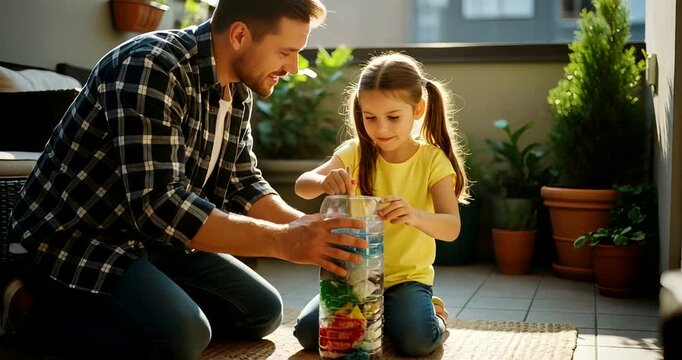 Father and daughter create a recycling project on the balcony, teaching environmental awareness