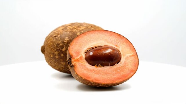 Fresh ripe mamey sapote tropical fruit whole and half rotating on a white background