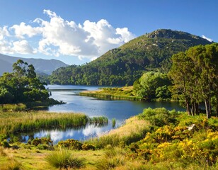 Obraz premium Serene Lakeside Scenery Under a Sunny Sky