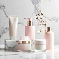 skincare products arrangement on marble surface, Korean beauty 