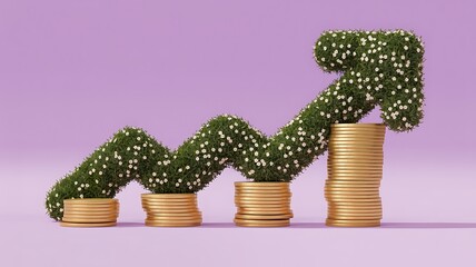 Symbolic depiction of financial growth represented by an arrow of greenery resting on stacks of gold coins