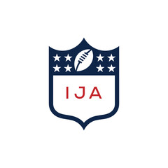 IJA American Football Logo Design. IJA Modern Sports Shield Emblem with Stars and Ball for Football Club IJA Tournament and Team Branding.
