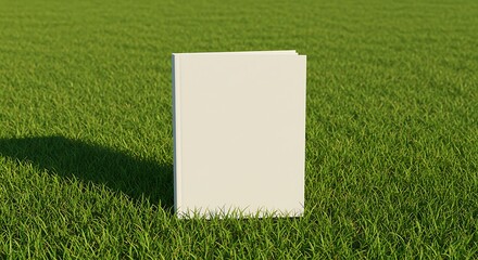 A standing blank paper on a lush green grass field under sunlight from a high angle viewpoint