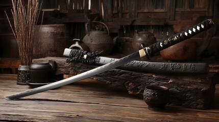 Japanese Sword Exhibit Style Photo, Dark Background