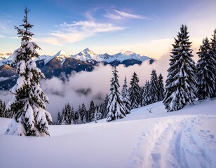 Fototapeta premium Snowy mountain vista at dawn
