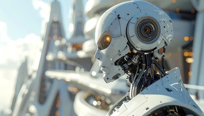 Fototapeta premium A close-up of a white, futuristic android's profile, set against a blurred, high-tech cityscape. Details of the robot's internal workings visible