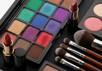Image of a complete makeup palette, containing various types of cosmetics and application tools.