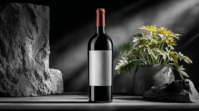 Dark premium wine bottle mockup with white label.