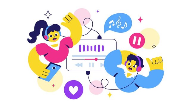 Animation of Music Streaming Lifestyle Vector Illustration featuring Entertainment Services from Live Streams to Music Listening in a Flat Background