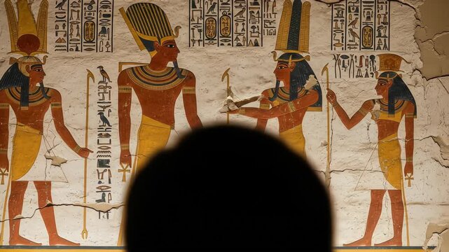 A visitor's silhouette is seen observing an ancient Egyptian wall painting depicting a pharaoh among gods