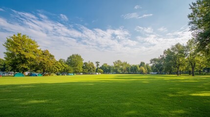 Grass lawn texture with trees and sky, clean and natural for various applications. Suitable for backgrounds, prints, and outdoor themes.