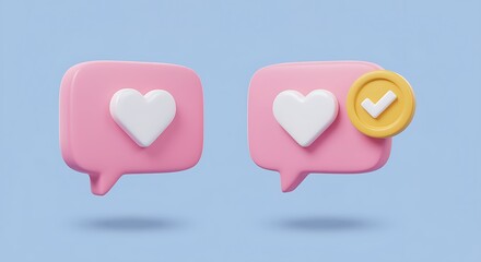 Pink Speech Bubbles with Heart and Check Mark Symbolizing Social Media Engagement and Positive Feedback on Blue Background