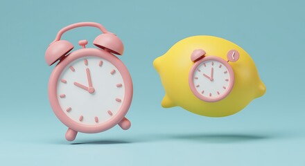 Playful Conceptual Art Featuring a Pink Alarm Clock and Lemon with Clock on a Blue Background in 3D Render Style
