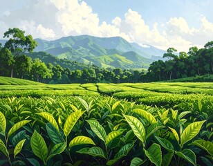 Serene tea plantation landscape under a summer sky