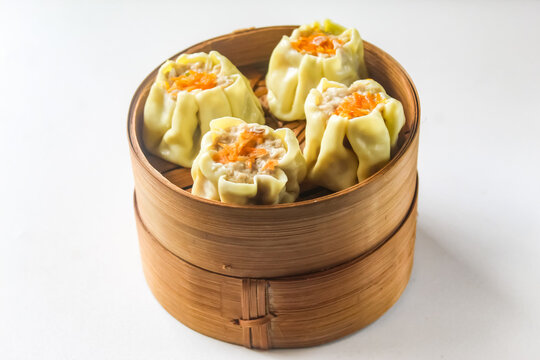 dim sum in bamboo basket, isolated on white background.chinese food.asian food.