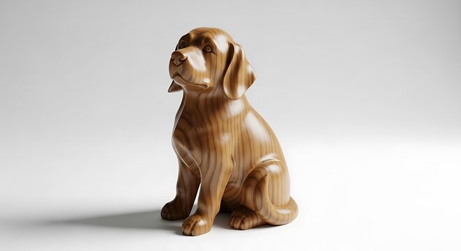 Wooden Dog Figurine, Sitting, Brown, Detailed.