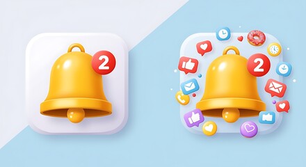 Social Media Notification Bell Icon with Counter and Different Icons Floating Around Representing Engagement and Online Activity two unread messages