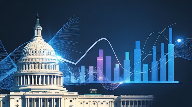 United states capitol building with data visualization illustrating economic growth and financial trends