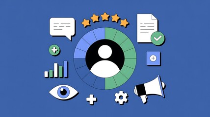 User experience and customer satisfaction concept represented with ratings and visual elements on a blue background