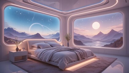 Serene bedroom retreat with breathtaking mountain views and celestial moonrise, promising tranquility and escape in a modern, luxurious setting