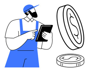 Worker holding a tablet while coins symbolize money management, digital finance, payroll, budgeting, economic planning. Ideal for apps, banking, investments business labor. Simple flat metaphor