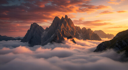 Majestic Mountain Range with Rugged Peaks in Sunrise Light Surrounded by Clouds
