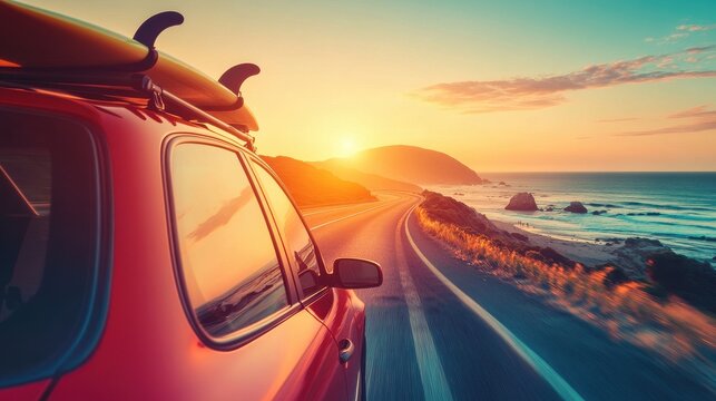 A vibrant summer road trip scene with a car driving on a coastal highway, on blurred background