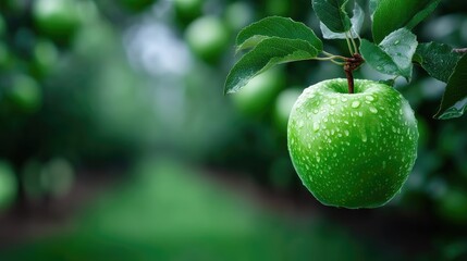 Close Up of a Vibrant Green Apple Covered in Dew Drops Hanging from a Branch in a Lush Orchard with Soft Focus and Depth of Field
