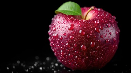 Close Up of a Vibrant Red Apple with Water Droplets and Green Leaf on Dark Background for Freshness and Natural Sweetness Food Photography