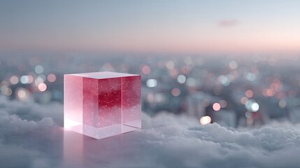 Luminous Pink Cube Hovering Above Cloudy Cityscape at Dusk with Bokeh Lights