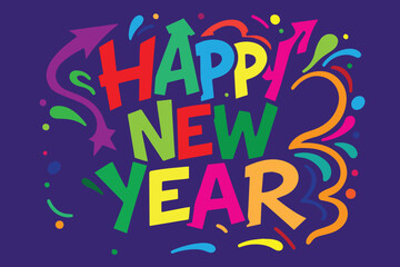 Vector graffiti illustration features striking colorful letters spelling Happy New Year, designed with bright tones, energetic lines, and festive celebratory artistic expression.