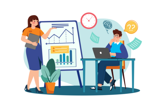 Businesswoman Presenting Financial Data on Whiteboard to Overwhelmed Businessman with Laptop on Teal Desk with Transparent Background Vector Illustration