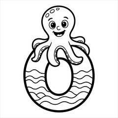 Alphabet Letter O with Octopus Coloring Page, Fun Educational Printable Vector, Cartoon Octopus on Letter O Coloring Sheet, Ocean Animal Alphabet Learning for Kids.