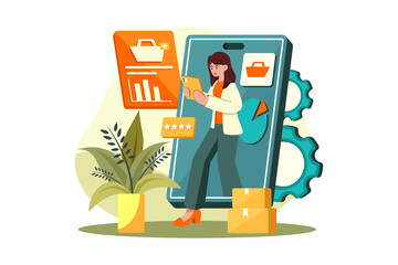 Businesswoman Using App with Data Charts and Shopping Basket Icons on Transparent Background Digital Mobile Commerce Vector Illustration
