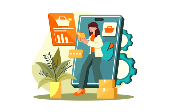Businesswoman Using App with Data Charts and Shopping Basket Icons on Transparent Background Digital Mobile Commerce Vector Illustration