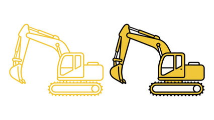 Heavy Excavator Construction Machine Icon Outline and Solid Yellow Graphic Symbol for Digging, Industry, Building, Mining, and Earthwork Equipment Vector Illustration