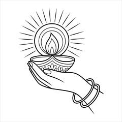 Diwali Diya Lamp in Hand Coloring Page, Festival of Lights Vector Illustration, Hand Holding Oil Lamp with Flame, Traditional Diwali Decoration Coloring Sheet.