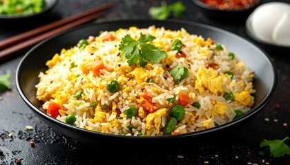 A close-up shot captures a beautifully plated fried rice dish, garnished with cilantro. Colorful veggies are visible