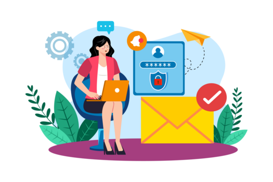 Businesswoman Working on Laptop with Envelope and Security Icons on Transparent Background Flat Vector - Powered by Adobe