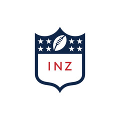 INZ American Football Logo Design. INZ Modern Sports Shield Emblem with Stars and Ball for Football Club INZ Tournament and Team Branding.
