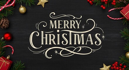 Festive Christmas greeting card with elegant calligraphy and holiday decorations on a dark background.