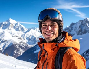 Smiling Snowsports Enthusiast in Snowy Mountain Scenery