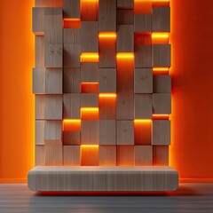 Orange-lit wooden cube wall with bench